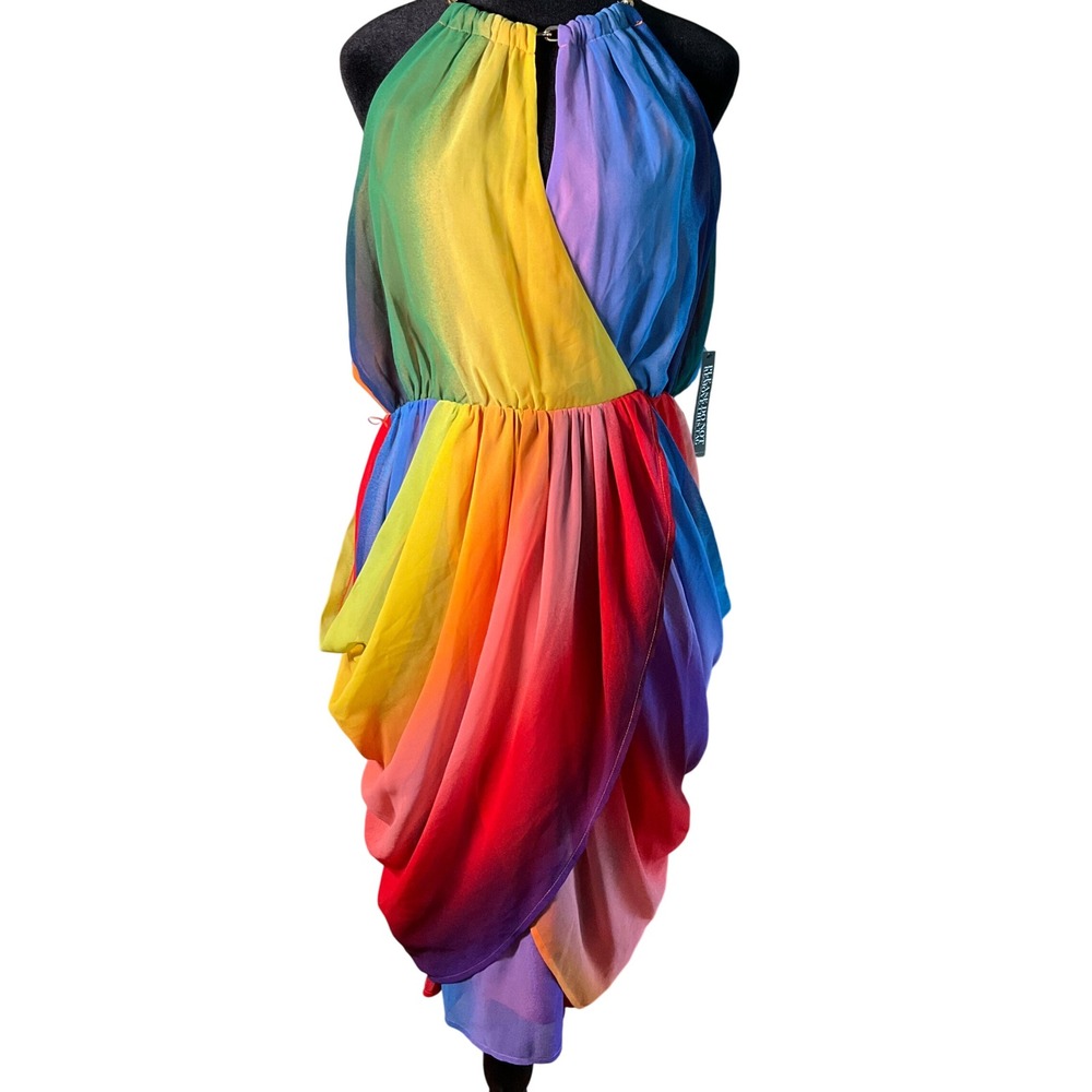 New York & Company Rainbow Ombre Halter Wrap Dress Gold Chain Neck Midi Sz M NWT - Picture 2 of 14